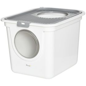 Covered Cat Litter Box, Easy Cleaning Kitty Litter Box with Front Entrance, Top Exit, Scoop, for Odor Control, White