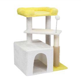 27.5in Cat Tree, Multi-level Cat Tower with Cat Scratching Post and Pad, Cozy Cat Condo, Padded Top Bed for Kittens and Indoor Cats, Yellow & Whi